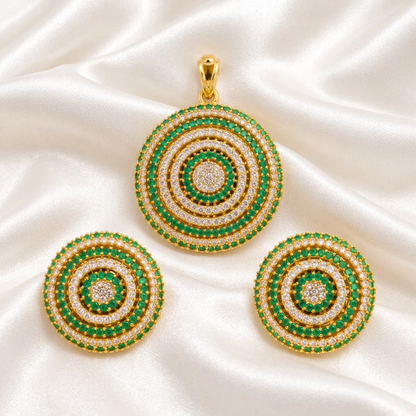 Elegant Emerald Green Stone Round Pendant and Earring Set | Dual-Tone Cubic Zirconia Statement Jewelry