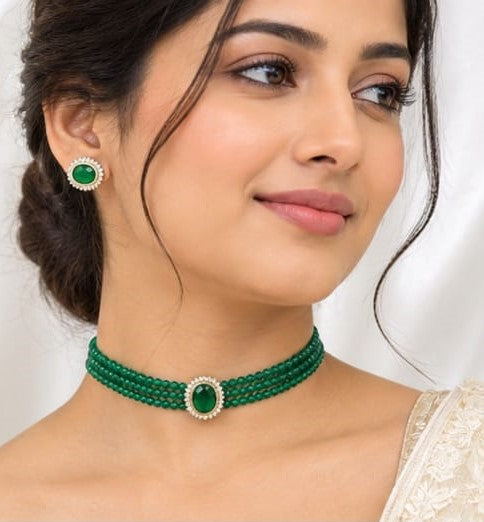 Elegant Emerald Green Beaded Choker & Earring Set | Gold Plated CZ Stone Jewelry