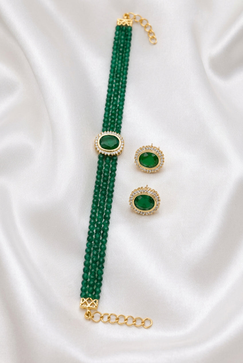 Elegant Emerald Green Beaded Choker & Earring Set | Gold Plated CZ Stone Jewelry