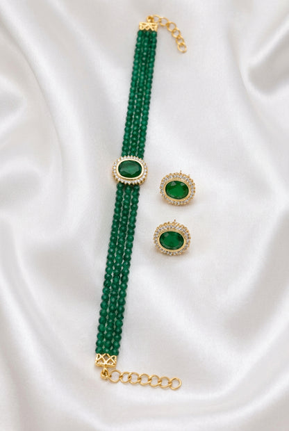 Elegant Emerald Green Beaded Choker & Earring Set | Gold Plated CZ Stone Jewelry