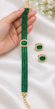 Elegant Emerald Green Beaded Choker & Earring Set | Gold Plated CZ Stone Jewelry