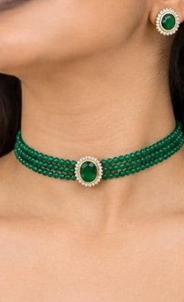 Elegant Emerald Green Beaded Choker & Earring Set | Gold Plated CZ Stone Jewelry