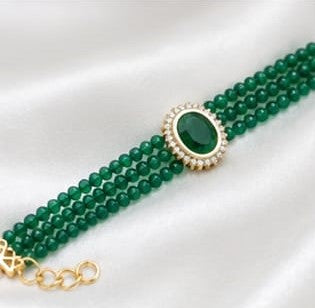 Elegant Emerald Green Beaded Choker & Earring Set | Gold Plated CZ Stone Jewelry