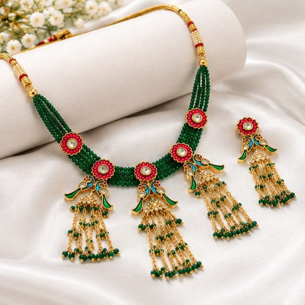 Traditional Green Beaded Gold Plated Necklace Set with Pink Stone Floral Pendant & Matching Jhumka Earrings