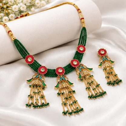 Traditional Green Beaded Gold Plated Necklace Set with Pink Stone Floral Pendant & Matching Jhumka Earrings