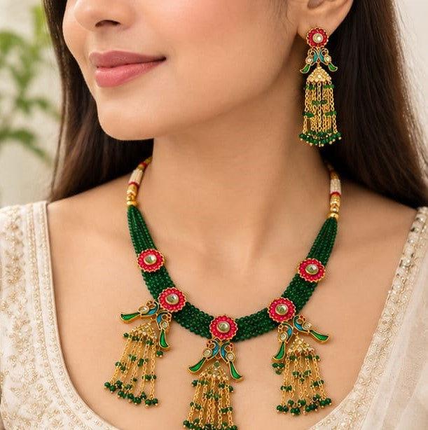 Traditional Green Beaded Gold Plated Necklace Set with Pink Stone Floral Pendant & Matching Jhumka Earrings