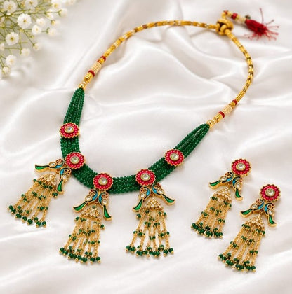 Traditional Green Beaded Gold Plated Necklace Set with Pink Stone Floral Pendant & Matching Jhumka Earrings