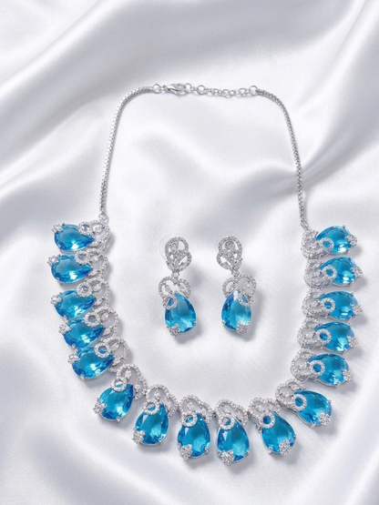 Radiant Aquamarine Teardrop CZ Silver-Plated Necklace and Earrings Set