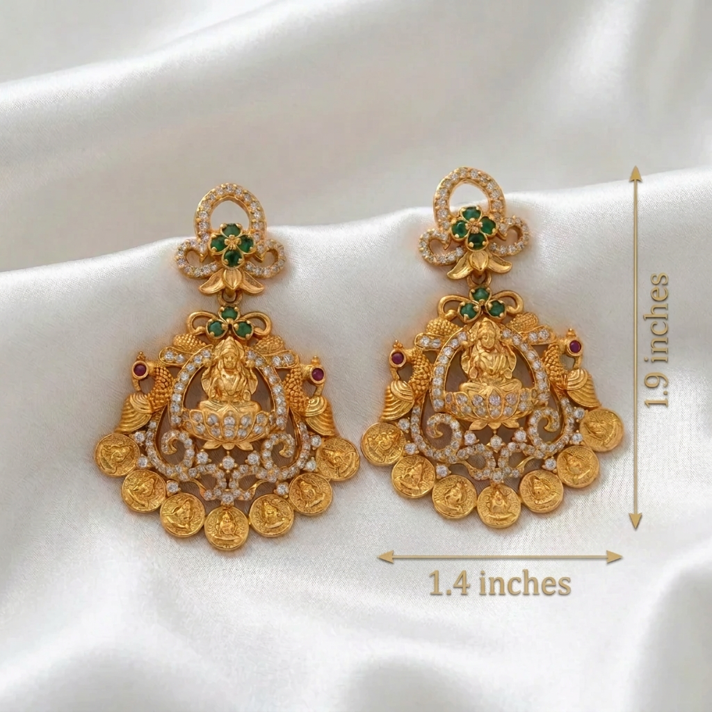 Divine Goddess Lakshmi Gold-Plated Statement Earrings | Temple Jewelry Earrings with CZ & Kemp Stones