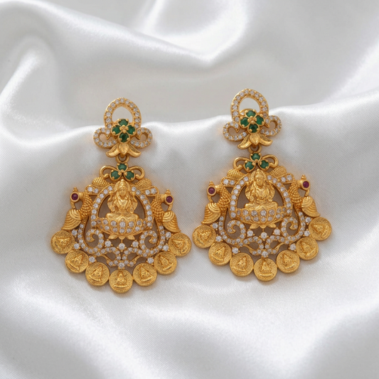 Divine Goddess Lakshmi Gold-Plated Statement Earrings | Temple Jewelry Earrings with CZ & Kemp Stones