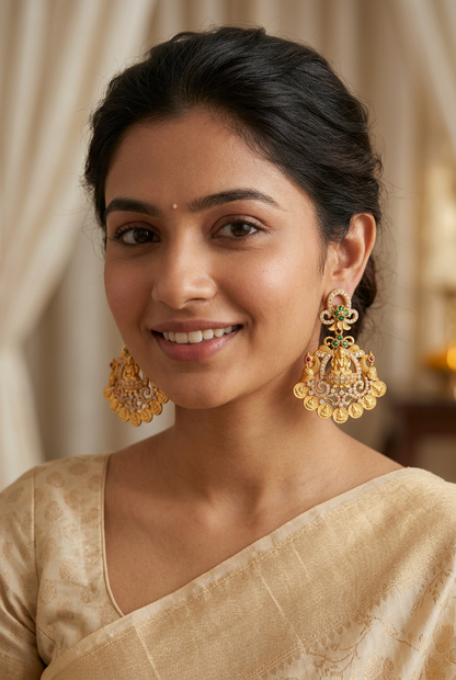 Divine Goddess Lakshmi Gold-Plated Statement Earrings | Temple Jewelry Earrings with CZ & Kemp Stones