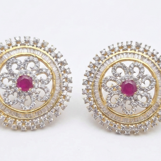 Gold-Plated Circular Pave Zircon and Baguette Halo Ruby Center Studs