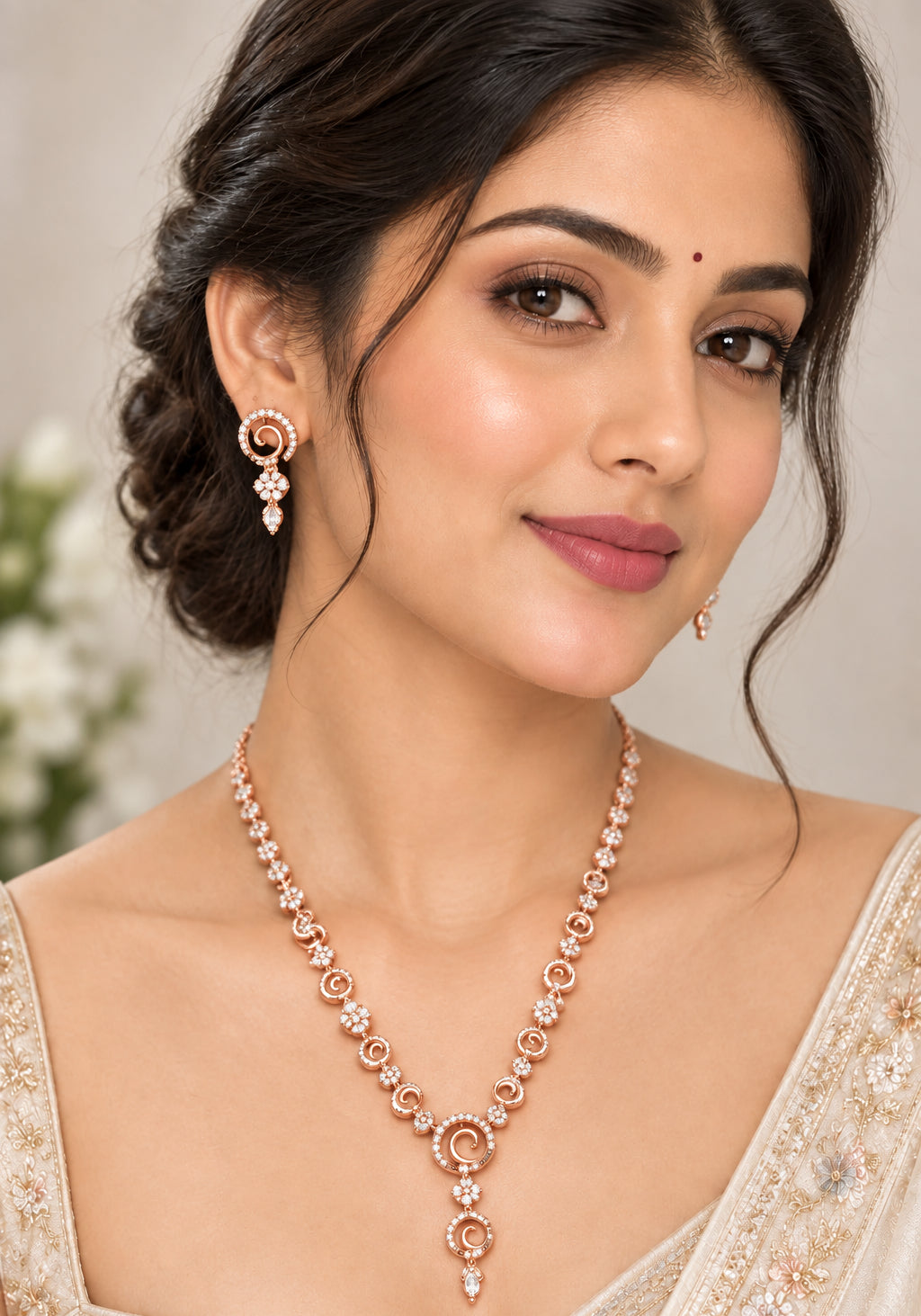 Elegant Rose Gold & Cubic Zirconia Swirl Jewelry Set
