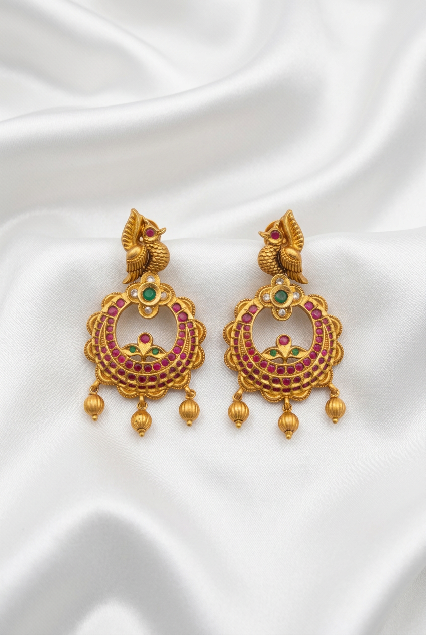 Traditional Antique Peacock Chandbali Earrings | Temple Ruby & Emerald Earrings