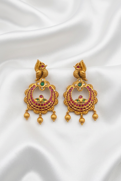 Traditional Antique Peacock Chandbali Earrings | Temple Ruby & Emerald Earrings