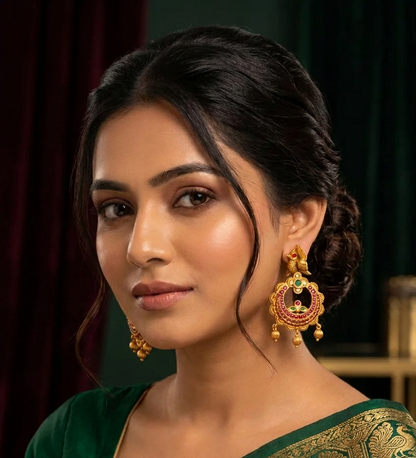 Traditional Antique Peacock Chandbali Earrings | Temple Ruby & Emerald Earrings