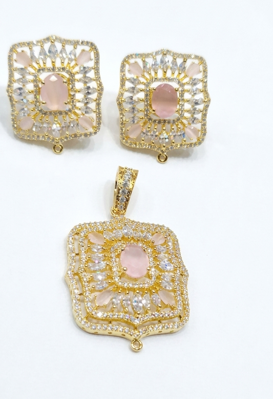 Gold-Plated CZ Pink Rectangular Frame Pendant Set with Earrings