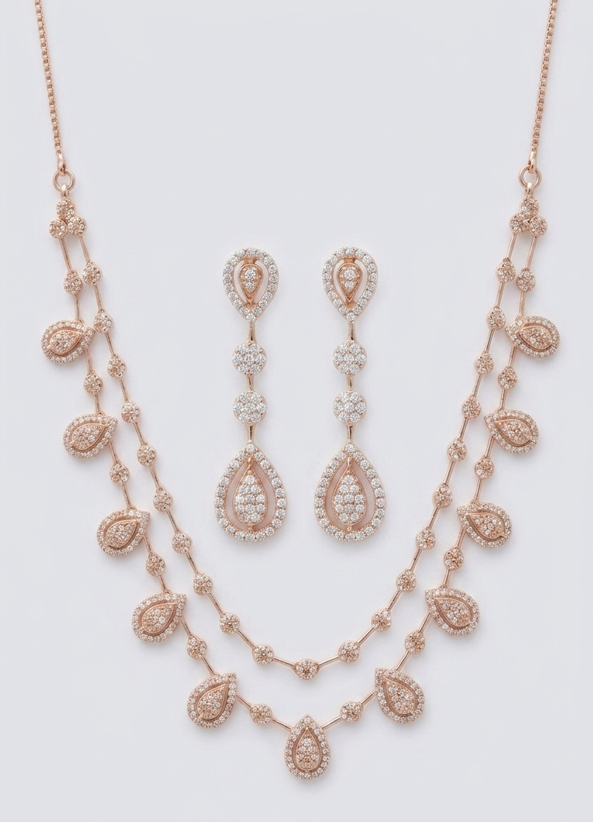 Double-Layer Zircon Stone Necklace and Earrings Set