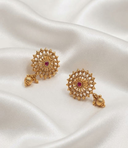 Antique Gold Floral Mandala Stud Earrings with Drops