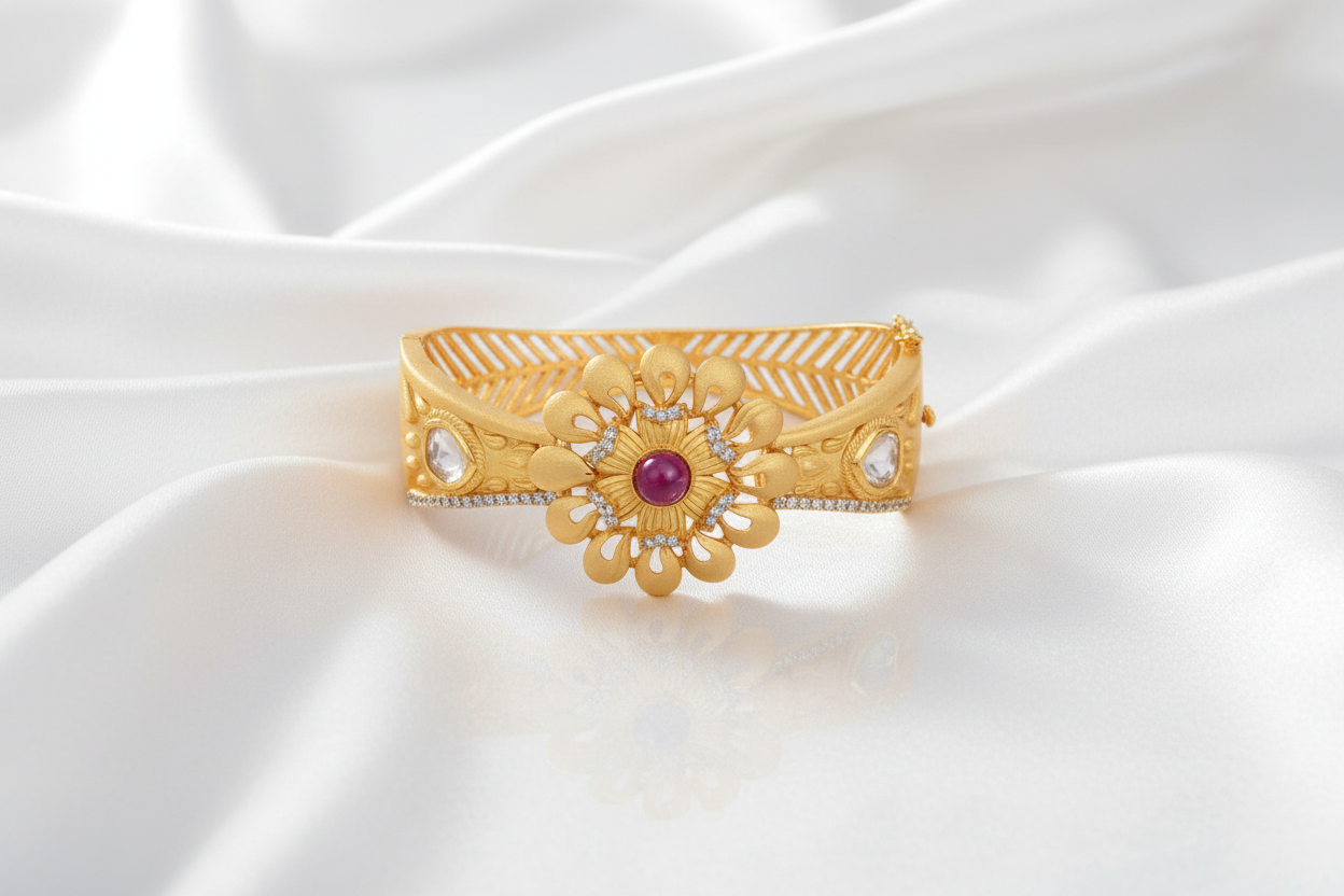 22K Gold Plated Antique Kada Bracelet  Gold Floral Statement Cuff Bracelet with Ruby & Crystal Accents