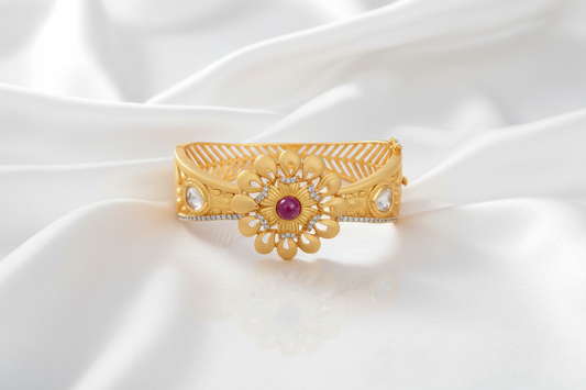 22K Gold Plated Antique Kada Bracelet  Gold Floral Statement Cuff Bracelet with Ruby & Crystal Accents