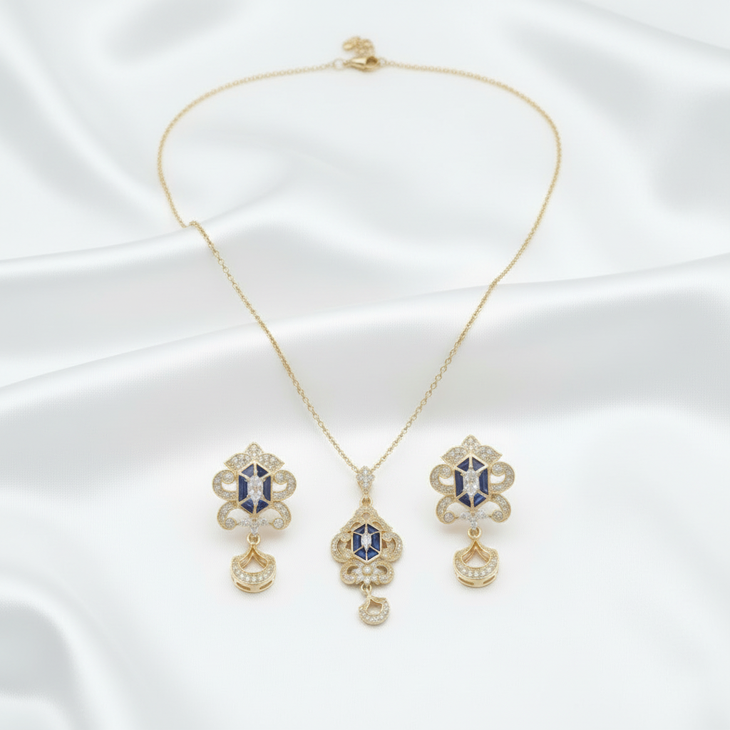 Elegant Gold-Tone Floral Necklace & Earring Set with Colorful Gemstone Accents