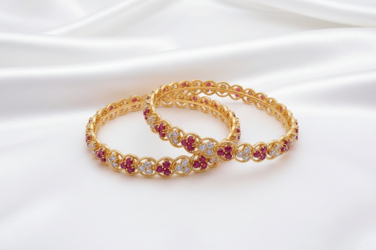 Gold Plated Ruby & White Stone Designer Bangle Set – Elegant Traditional Indian Jewelry