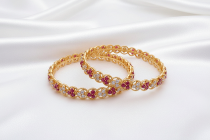 Gold Plated Ruby & White Stone Designer Bangle Set – Elegant Traditional Indian Jewelry