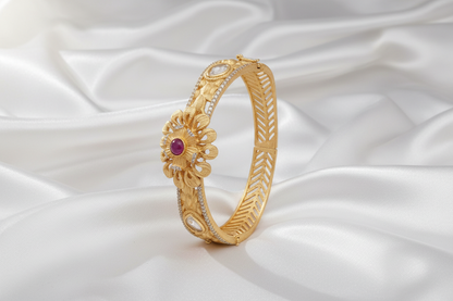 22K Gold Plated Antique Kada Bracelet  Gold Floral Statement Cuff Bracelet with Ruby & Crystal Accents