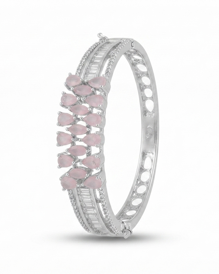 Pink Pear-Cut Zircon Stone Silver-Tone Bracelet | Elegant Crystal Bangle for Women