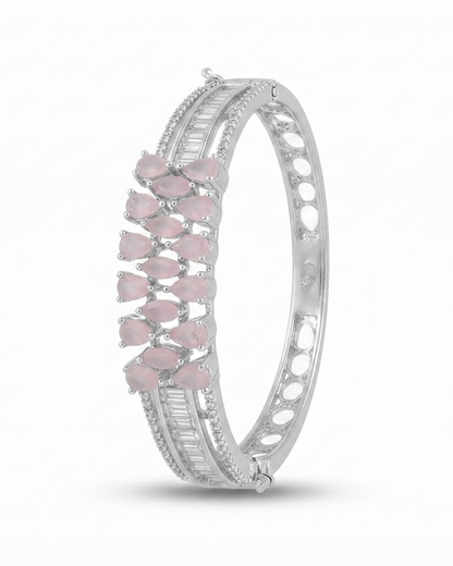 Pink Pear-Cut Zircon Stone Silver-Tone Bracelet | Elegant Crystal Bangle for Women