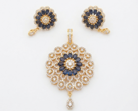 Gold-Plated CZ Blue Multi-Layer Round Pendant Set with Earrings