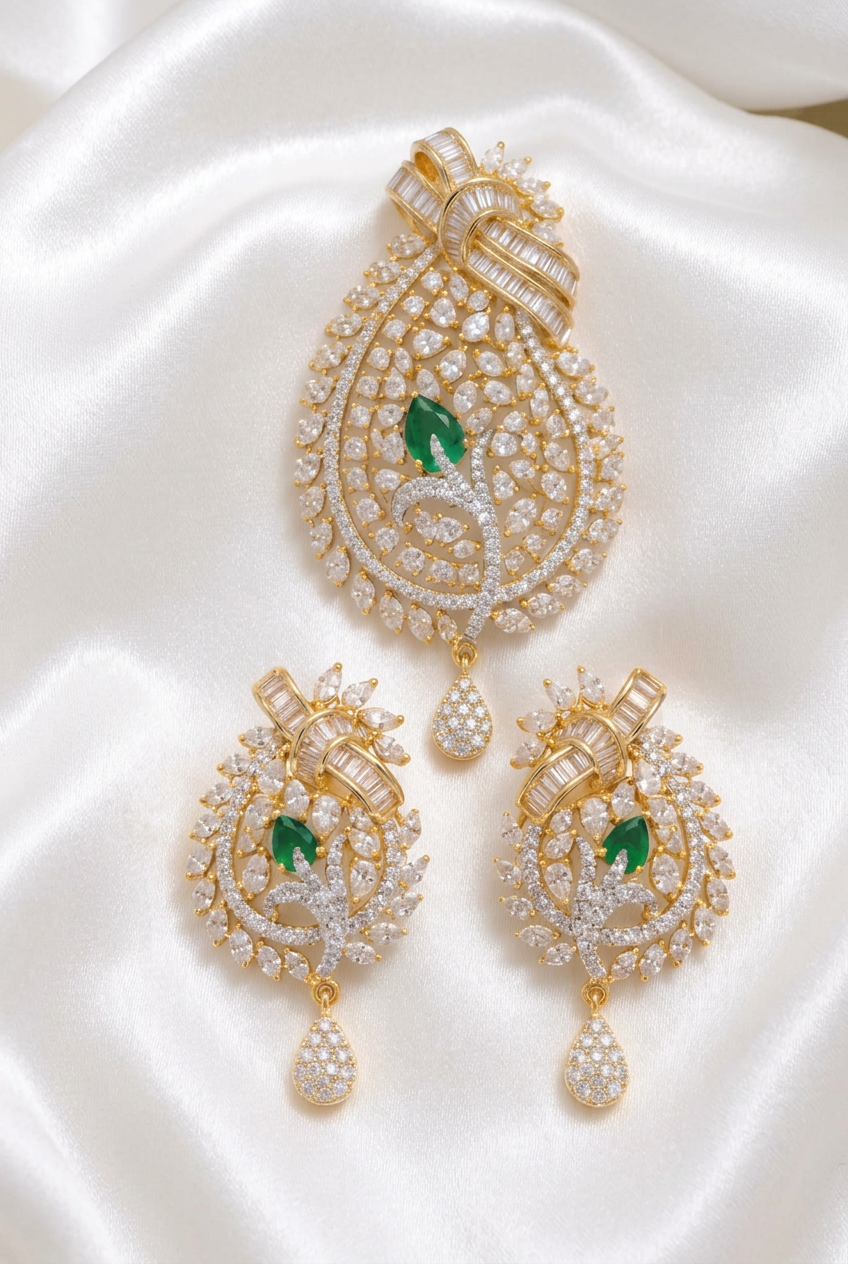 Luxurious Emerald Green & White CZ Statement Pendant with Earrings | Indo-Western Festive Wear Jewelry Set