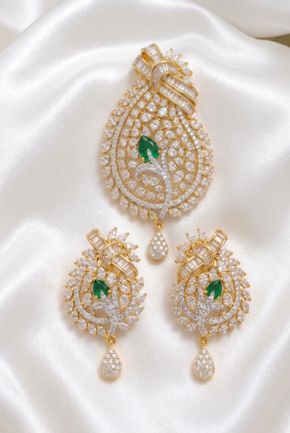 Luxurious Emerald Green & White CZ Statement Pendant with Earrings | Indo-Western Festive Wear Jewelry Set