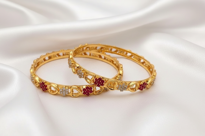 Gold Plated Ruby & White Stone Floral Heart Designer Bangle Set