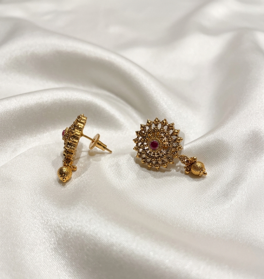 Antique Gold Floral Mandala Stud Earrings with Drops