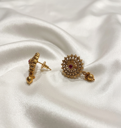 Antique Gold Floral Mandala Stud Earrings with Drops