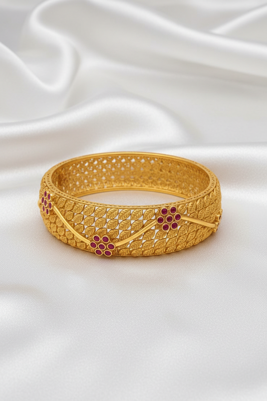 Antique Gold Plated Ruby Floral  & Leaf Designer Bangle – Traditional Indian Jewelry
