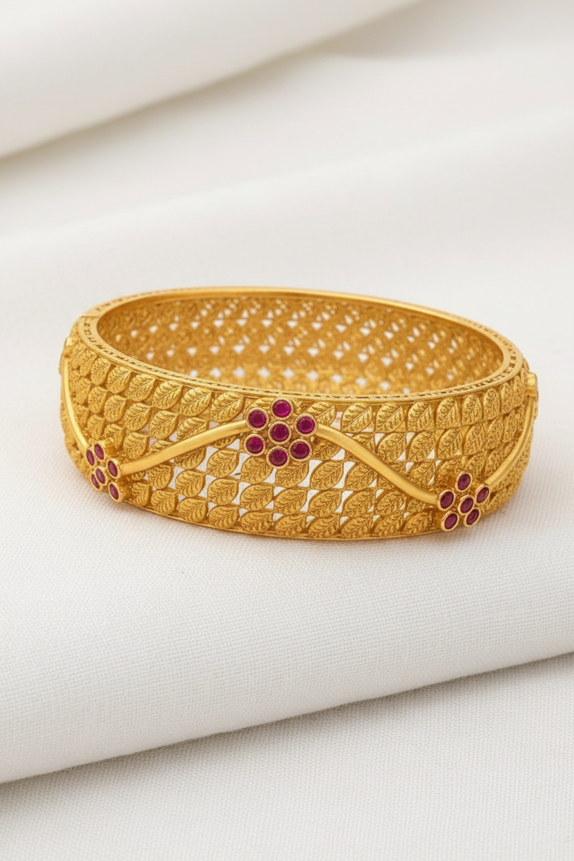 Antique Gold Plated Ruby Floral  & Leaf Designer Bangle – Traditional Indian Jewelry