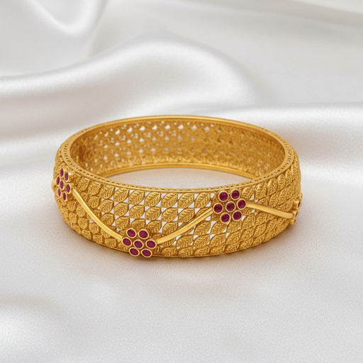 Antique Gold Plated Ruby Floral  & Leaf Designer Bangle – Traditional Indian Jewelry