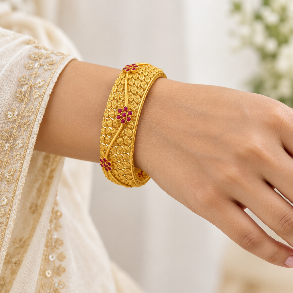 Antique Gold Plated Ruby Floral  & Leaf Designer Bangle – Traditional Indian Jewelry