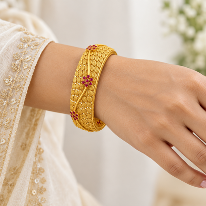 Antique Gold Plated Ruby Floral  & Leaf Designer Bangle – Traditional Indian Jewelry