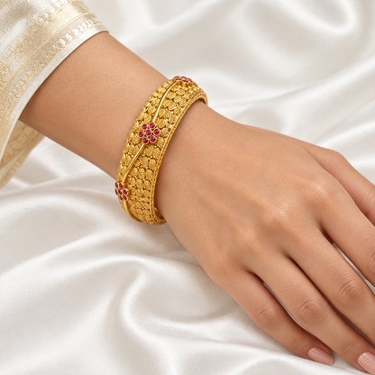 Antique Gold Plated Ruby Floral  & Leaf Designer Bangle – Traditional Indian Jewelry