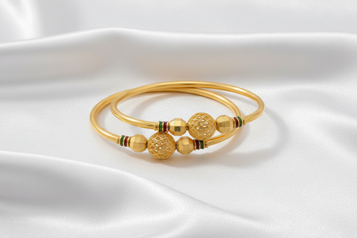 Elegant Gold Finish Beaded Designer Bangles with Green & Red Accents