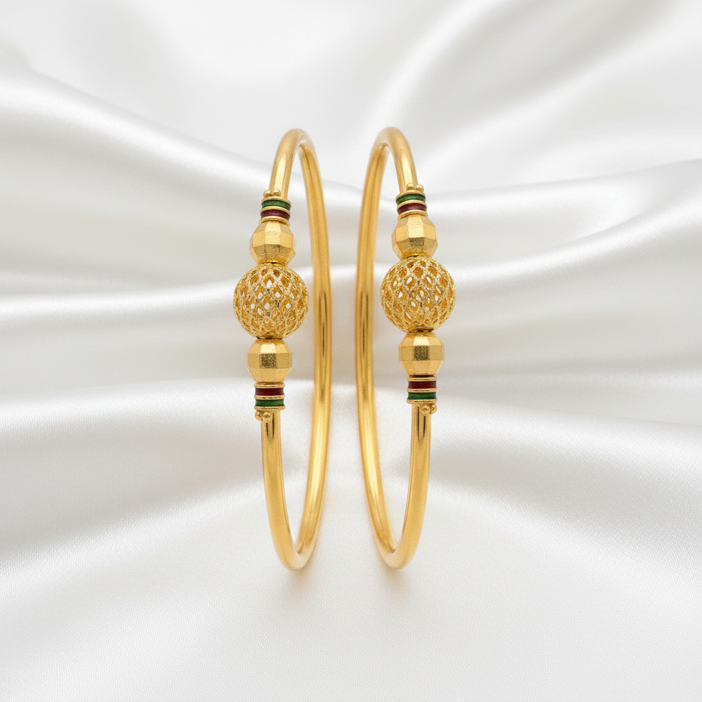 Elegant Gold Finish Beaded Designer Bangles with Green & Red Accents
