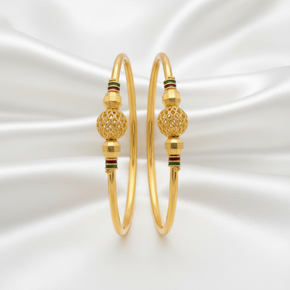 Elegant Gold Finish Beaded Designer Bangles with Green & Red Accents