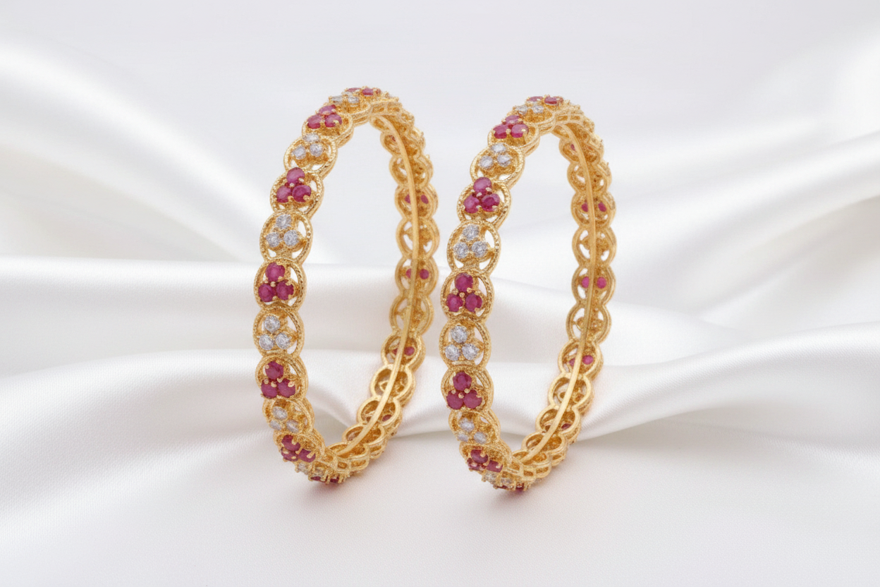 Gold Plated Ruby & White Stone Designer Bangle Set – Elegant Traditional Indian Jewelry