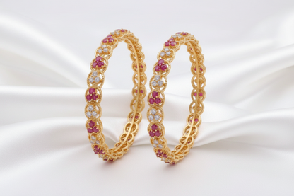 Gold Plated Ruby & White Stone Designer Bangle Set – Elegant Traditional Indian Jewelry