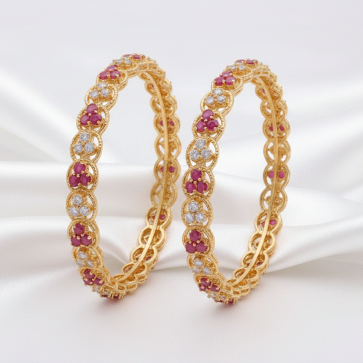 Gold Plated Ruby & White Stone Designer Bangle Set – Elegant Traditional Indian Jewelry