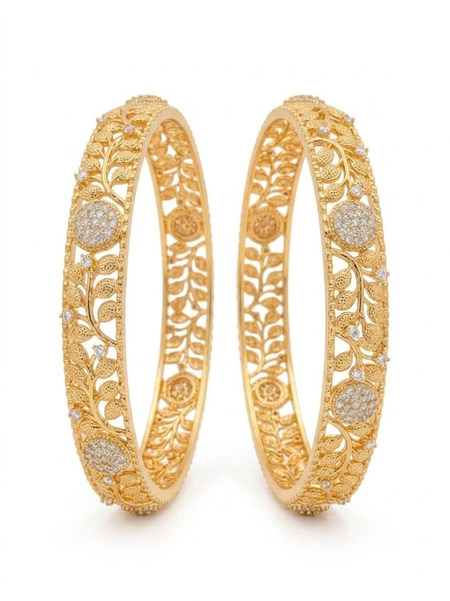 Elegant Gold Floral  & leaf  CZ & Pink Stone Designer Bangle Set